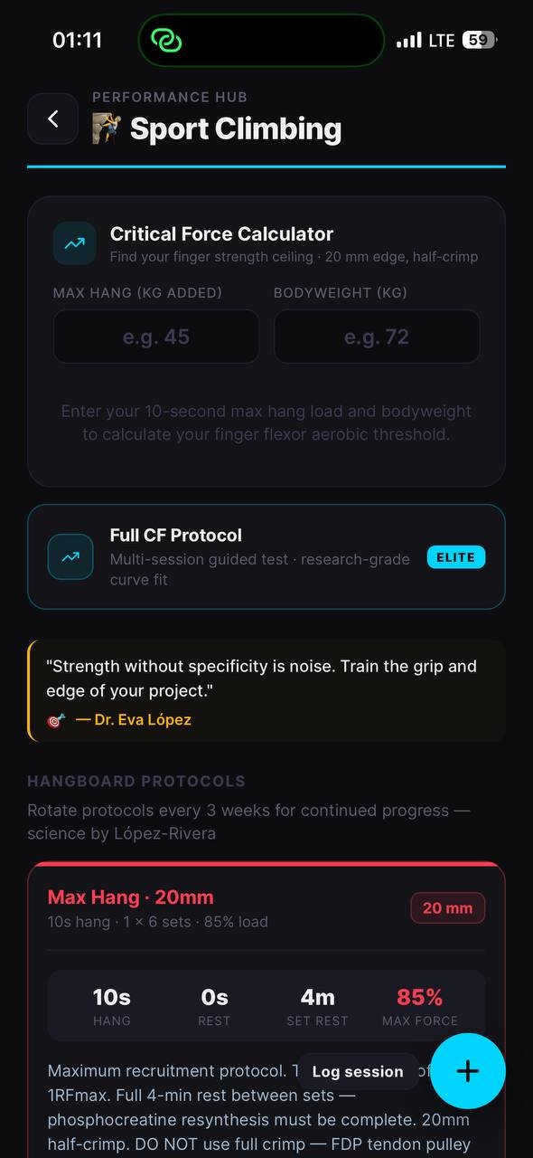 Sport Climbing Performance Hub — Critical Force Calculator and Full CF Protocol (Protora iOS app screenshot)